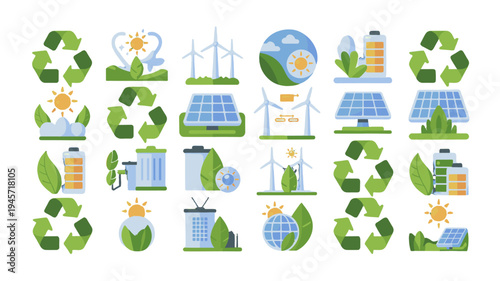 A collection of environment and eco-friendly icons representing sustainability.