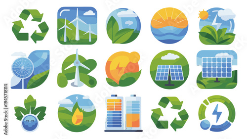 Collection of icons representing renewable energy and environmental conservation.