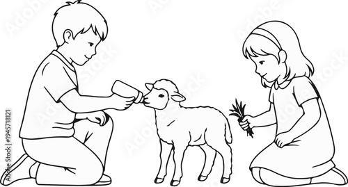 Two children caring for a young lamb, one feeding milk, the other offering food