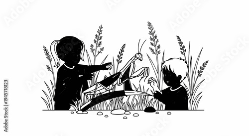 Two children discover a large praying mantis among tall grass