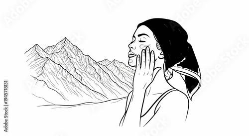 Woman applying cream to face with majestic mountain range in background