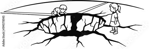 Two children observe a large crack in the ground