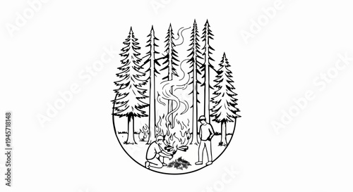 Two people tend a campfire amidst tall evergreen trees in a stylized forest scene