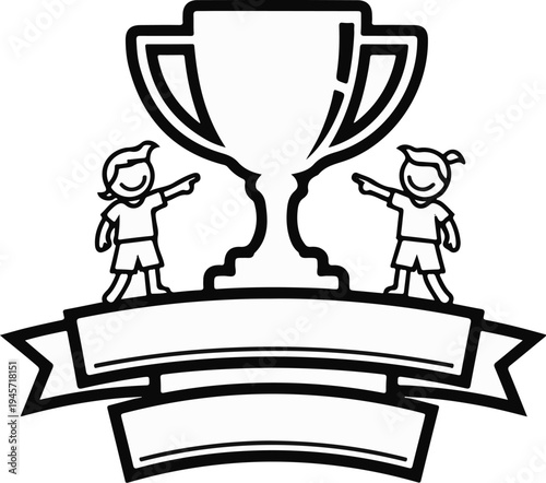 Two children celebrate next to a trophy with a banner below