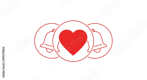 Red Heart Icon with Bells Notification Symbol, Love and Alert Concept, Vector Art