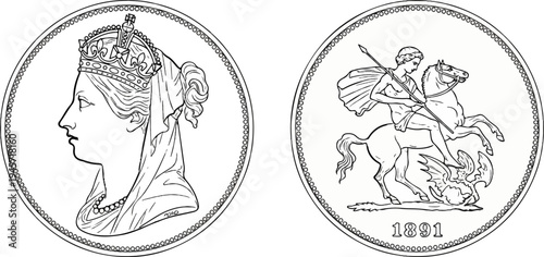 Two coins, one with a royal profile, the other with a knight on horseback battling a dragon