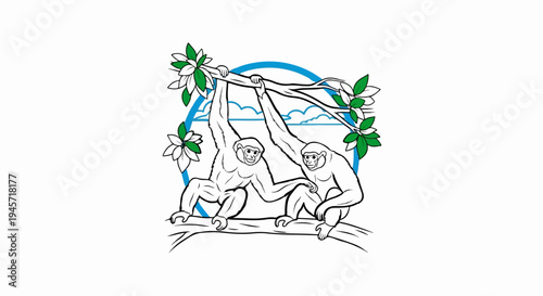 Two primates hanging from branches with green leaves and white flowers