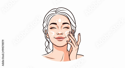 Woman applying facial cream with closed eyes and a smile