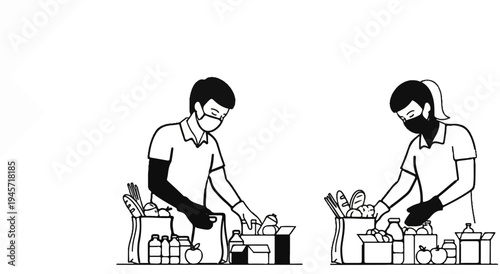 Two people wearing masks, packing food items into bags and boxes