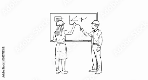 Two professionals in hard hats point at graphs on a whiteboard