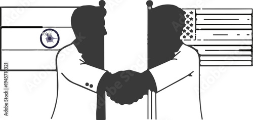 Two silhouetted figures shake hands with flags behind them