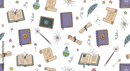 Magic School Seamless Pattern with Spell Books, Scrolls, Potion Bottles, Feathers and Wands for Fantasy Wizard Education Background Design