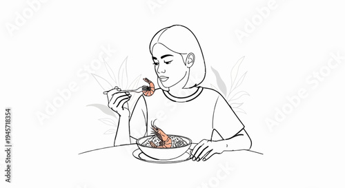 Woman eats shrimp from a bowl with a fork, with plants in background