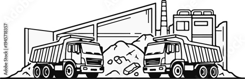 Two dump trucks operate at a construction site with piles of material