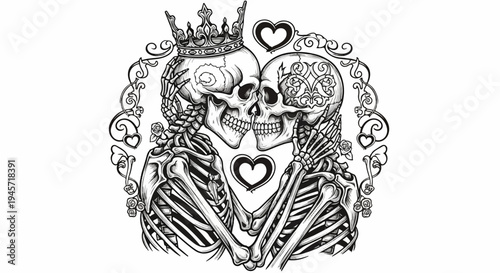 Two skeletons embracing, one with a crown, surrounded by ornate hearts and scrolls