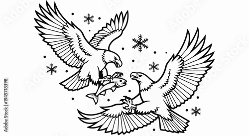 Two eagles in flight with a fish and snowflakes around