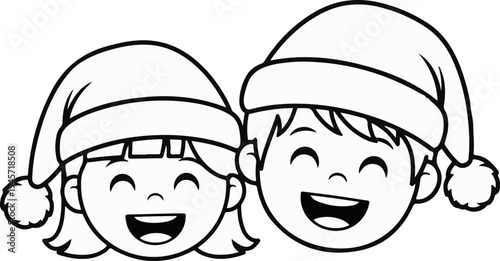 Two smiling children wear Santa hats, depicted in a simple outline style