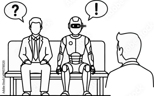 Two figures, one human and one robot, sit on a bench while a third person looks on