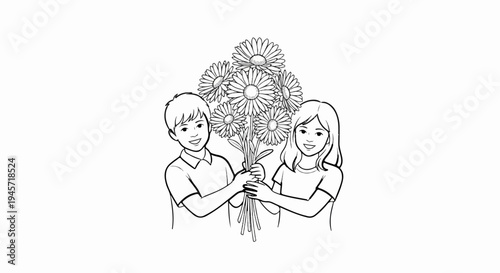 Two smiling children share a bouquet of daisies