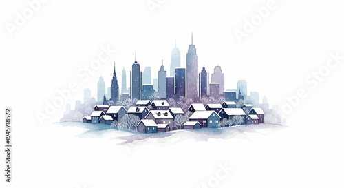 Watercolor city skyline with snow-covered houses and falling snow
