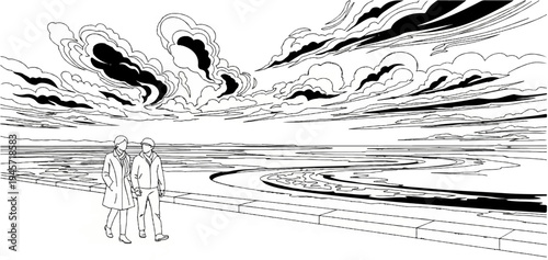 Two figures walk along a paved area beside a vast expanse of water under a dramatic sky