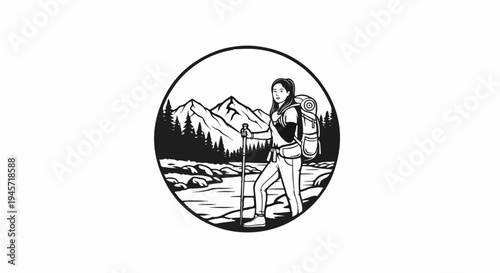 Woman hiking with backpack, walking stick, river, trees, and mountains