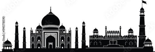 India famous landmarks skyline silhouette featuring Taj Mahal and Red Fort architecture, historic Mughal monuments vector illustration isolated on white background