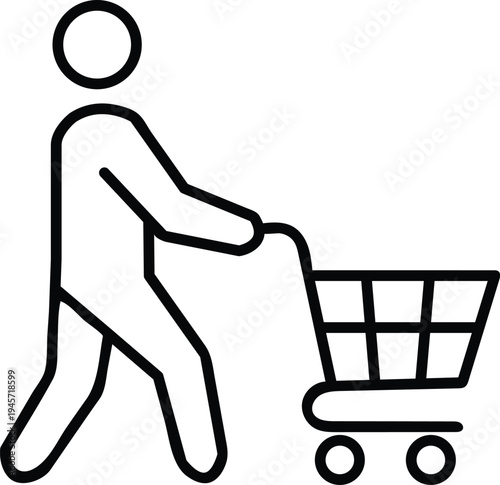 Shopping Man with Cart Line Icon Vector - Customer Pushing Trolley Outline Illustration for Retail and E-commerce Design