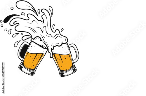 Two frosty mugs of amber liquid with frothy heads splash and overflow