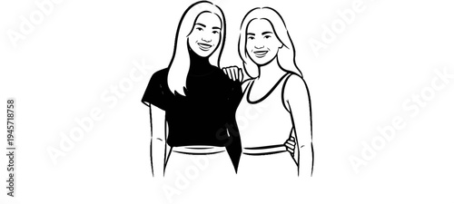 Two smiling young women posing closely together, one wearing a black shirt, the other a tank top