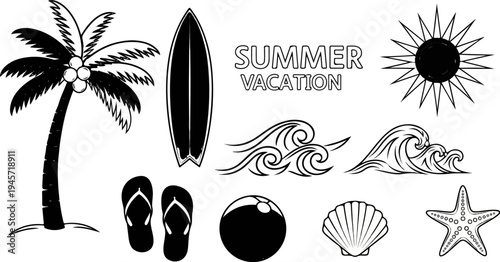 Tropical beach icons sun, palm tree, surfboard, waves, flip-flops, ball, shell, starfish
