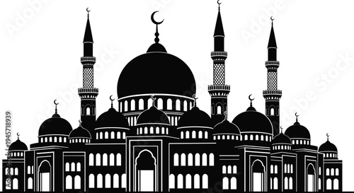 Islamic mosque silhouette with domes and minarets, traditional Muslim religious architecture landmark vector illustration isolated on white background for culture and worship