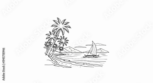 Tropical beach scene with palm trees, sailboat, and distant mountains