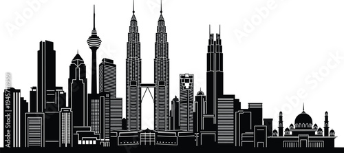 Kuala Lumpur skyline silhouette with Petronas Twin Towers and modern skyscrapers, Malaysia city landmark architecture vector illustration isolated on white background