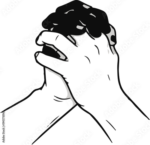 Two hands grasping and straining against each other in monochrome