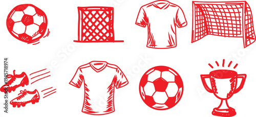 Collection of eight stylized red hand drawn icons representing essential elements for playing soccer including balls nets jerseys cleats and a championship trophy design