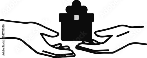 Two hands gently offering a dark gift box with a ribbon