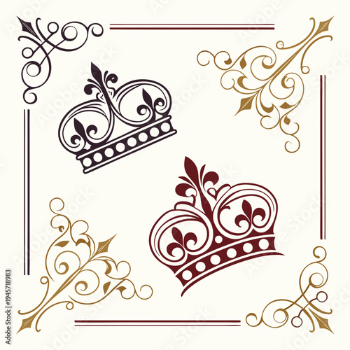 Royal crowns and ornate swirls - elegant design elements with royal family