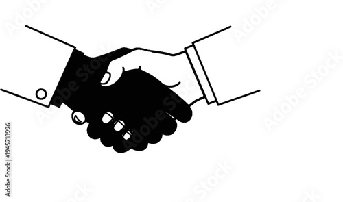 Two hands in a firm handshake, one hand is black silhouette