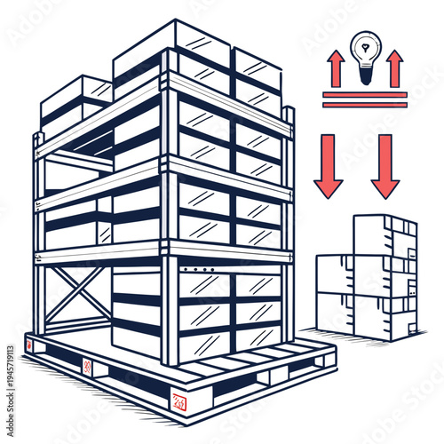 Warehouse pallet rack with boxes and lightbulb idea icon