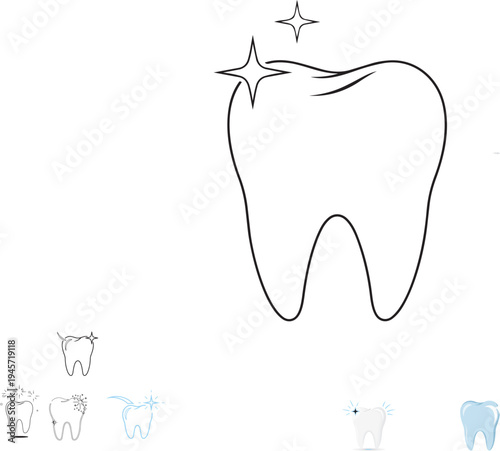 A minimalist black and white line art illustration of a clean and sparkling molar tooth symbol