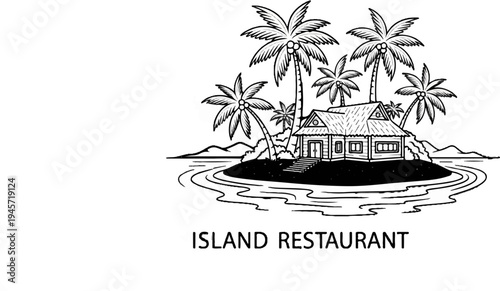 Tropical island with palm trees and hut, suggesting a restaurant
