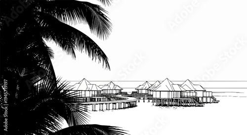 Tropical resort with overwater bungalows and palm fronds