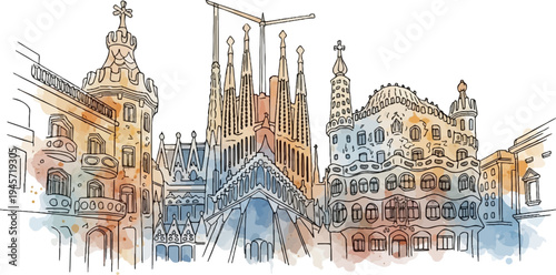 Watercolor sketch of iconic Barcelona buildings with distinctive architectural styles