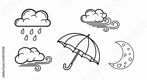 Weather icons rain, wind, moon, and umbrella depicted in a clean outline style