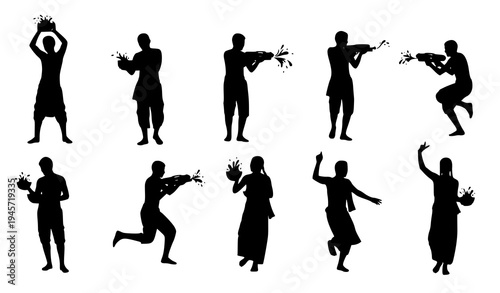 Songkran festival activity silhouettes water splash celebration Thailand Laos Myanmar Cambodia new year vector set