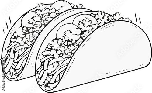 Two steaming, hand-drawn tacos with shredded lettuce, diced fillings, and cilantro