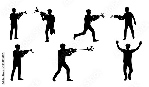 Young man playing water gun in Songkran festival silhouette vector set Thailand new year water splash activity