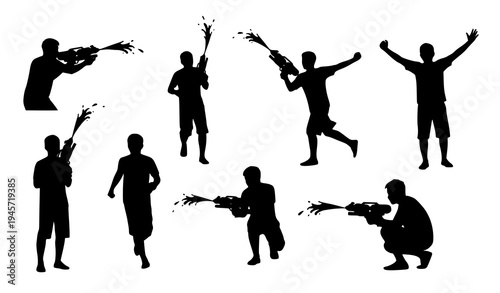 Young male spraying water gun Songkran festival silhouette set Thailand traditional new year celebration vector