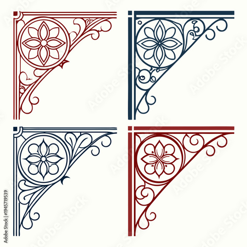 Four decorative ornate corner brackets, red and blue colors